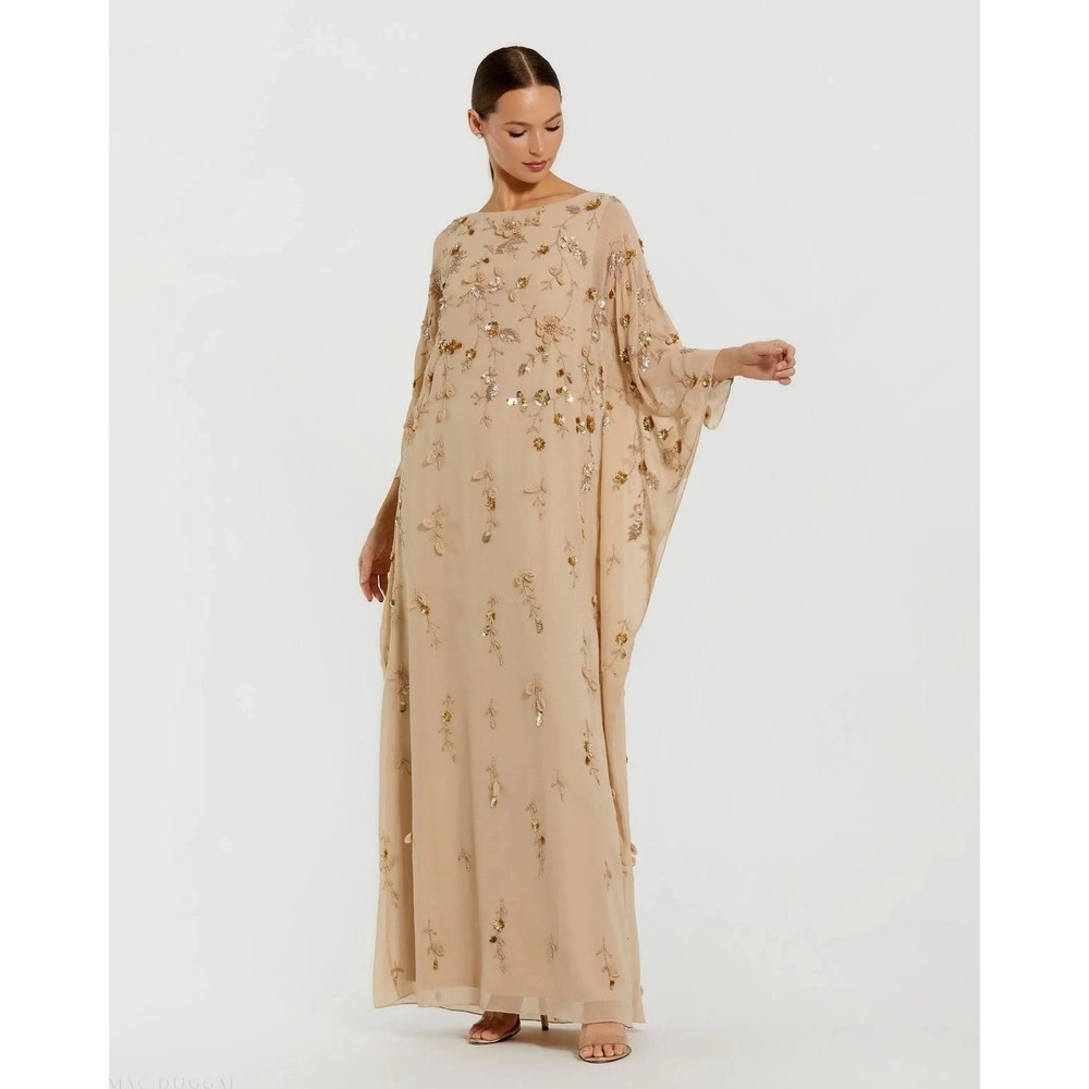 NWT Mac Duggal Floral Embellished Kaftan Gown in Nude Gold Size 12 Fairy Boho - Picture 4 of 16